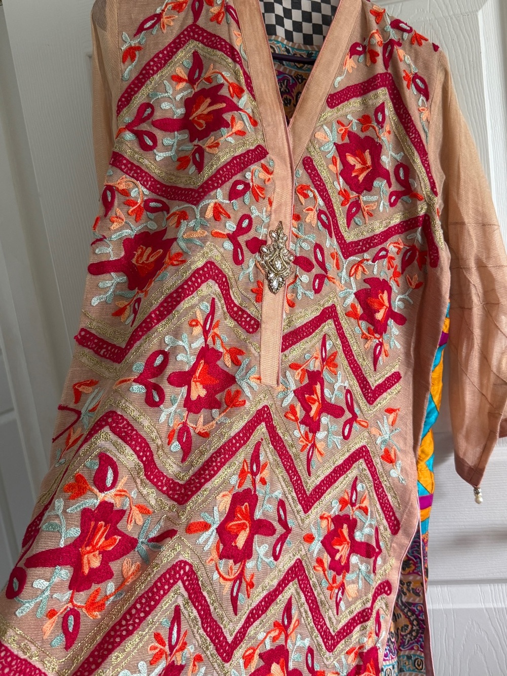 Agha Noor Embroidered Kurta, Peach with Checkerboard Back, Size L